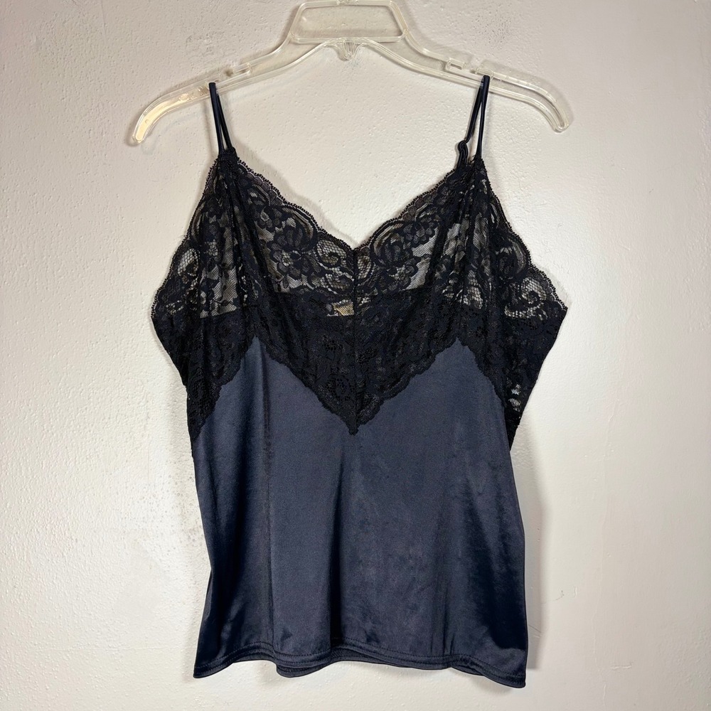 Vintage Black Satin Lace Trim‎ Camisole V-Neck Spaghetti Strap Cami Top Women